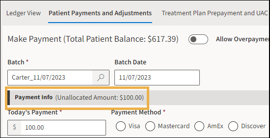 Payment View with yellow highlight box around the Unallocated Amount Payment Info section.